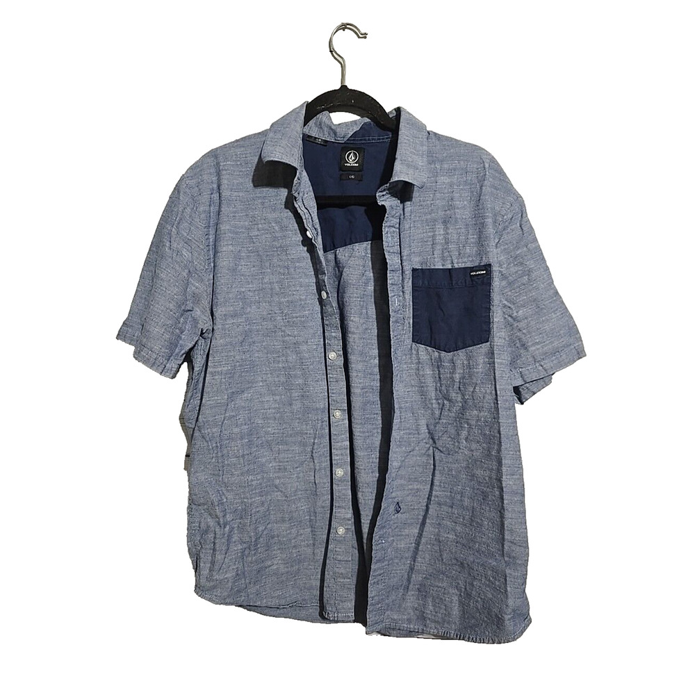 Volcom Blue Pocket Short Sleeve Preppy Casual Button Down Shirt Men's Size Large
